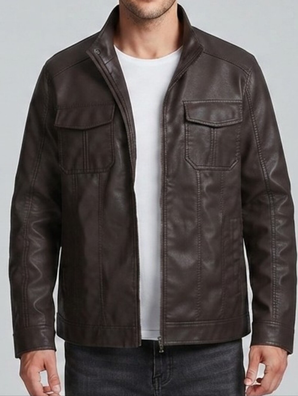Excelled Vintage Dark Brown Faux Leather Moto Jacket Full Zip Pocket Large Retro